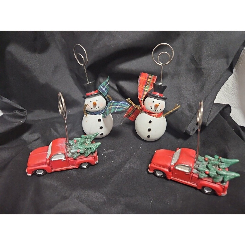Set Of 4 Christmas Name Card Holders. Red Truck W/ Tree And Snowman